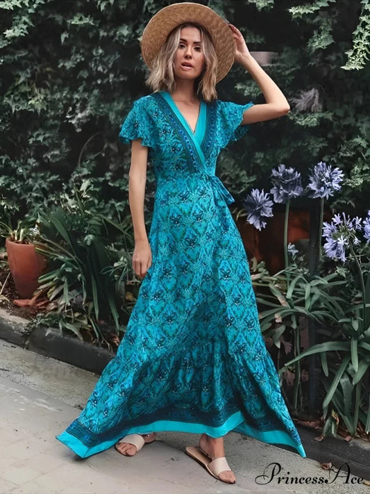 Flower Short Sleeve V-neck Bohemian Dress Green / S bohodress-250126