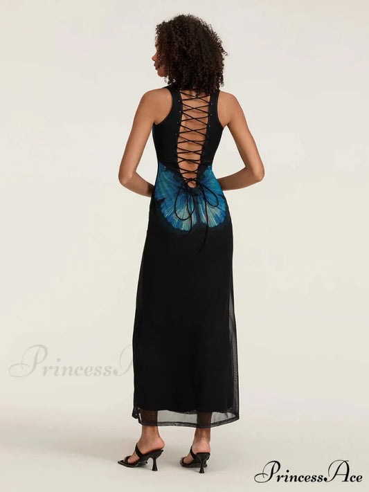 Flower Sleeveless Bodycon Back Hollowed Lacing Tank Celebration Flower Dress Black / S floraldress-250126