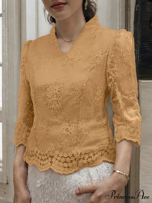 Flower Stitched Semi-Transparent Blouse V-neck Blouse Khaki / S blouse-250126