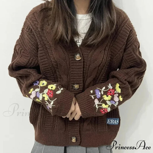 Flower Stitched Y2K Cardigan brown / S cardigans-241228