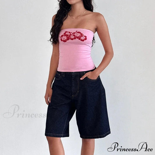 Flower Strapless Bandeau Backless Sleeveless Enchanting Coquette Off Shoulder Crop Top croptop-250126