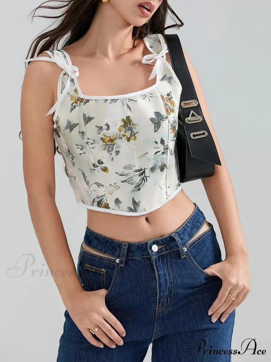 Flower Tie-back Retro Bodice Square Neck Crop Top Green / S croptop-250126