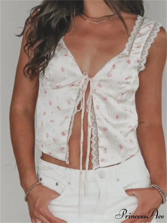 Flower V-neck Lace Trim Bind Tank Crop Top WHITE / S croptop-250126