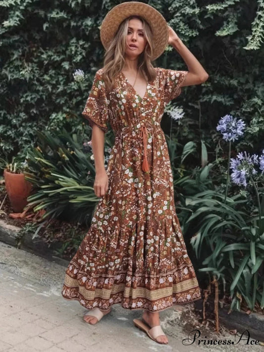 Flower V-neck Rayon Bohemian Dress Brown / S bohodress-250126