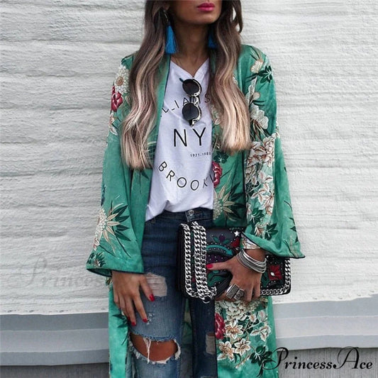Flowered Bohemian Kimono Full Style with - for Women Chiffon Blouse Top Sleeves