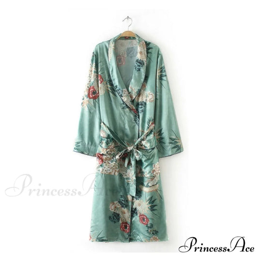 Flowered Bohemian Kimono Full Style with - for Women Chiffon Blouse Top Sleeves green / S