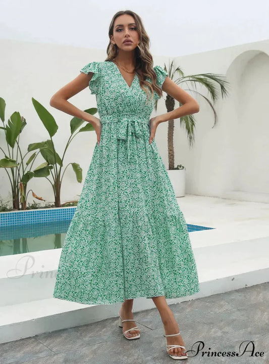Flowered Brief Arm Chiffon V-Neck Patterned Dress S / RED