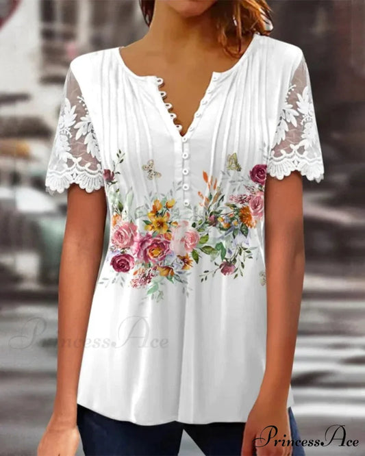 Flowered Lace T-shirt with Brief Sleeves White / S