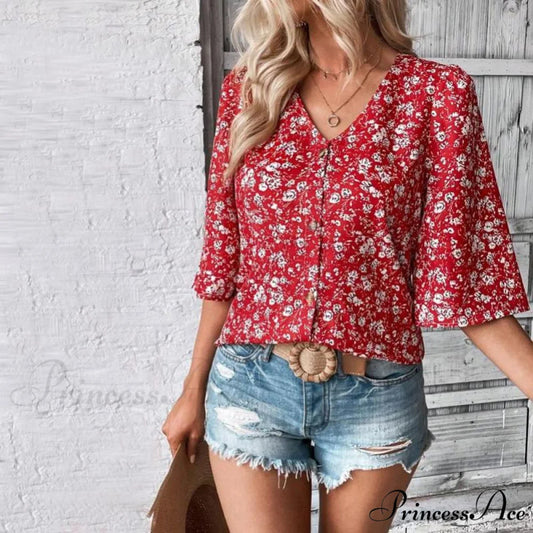 Flowered Loose Blouse Red / S