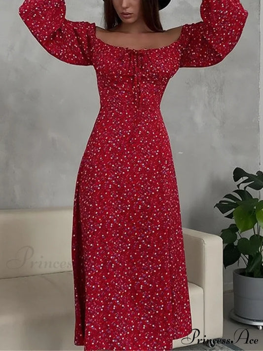Flowered Neckline Arm Boxy Long Dress S / Red