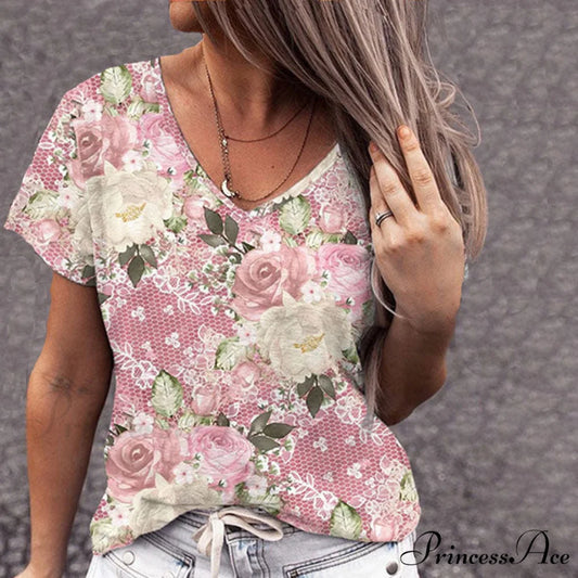 Flowered T-Shirt Casual with Design Pink / S