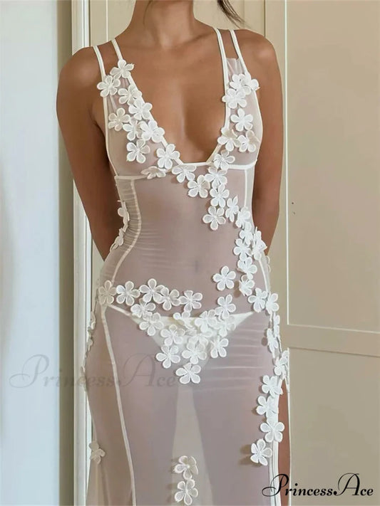 Flowers for Women Sexy Sleeveless Strap High Split Backless Mesh See Through Vestidos Party Clubwear