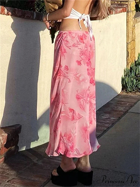 Flowery Chiffon Lower Waist Informal Vintage Skirt skirt-250126