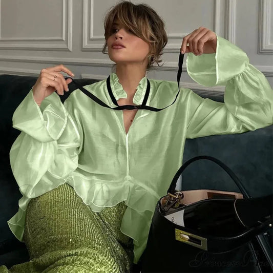Flowing Ivory Frilled Top Green / S blouse-250223