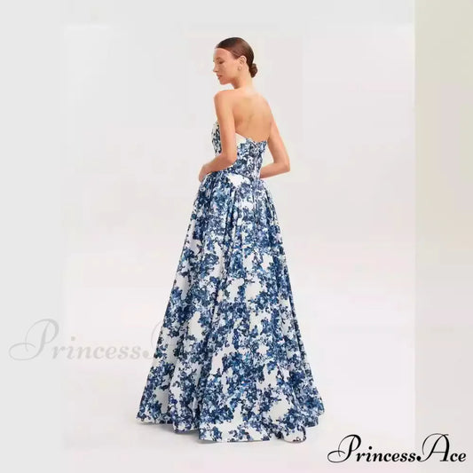 Flowing V-Neck Floral Prom Gown blue / S promdress-250223