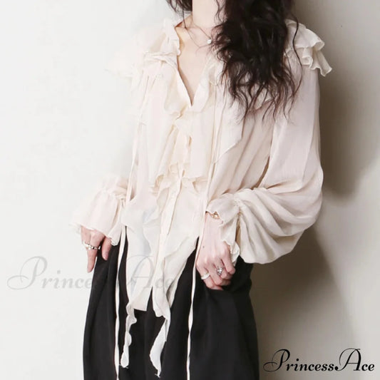 Flowy Frills Bow Tie Long Sleeve Boho Blouse bohoblouse-250126