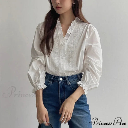 Flowy Sleeve Frills V-Neck Cotton Bohemian Work Blouse white / One Size bohoblouse-250126