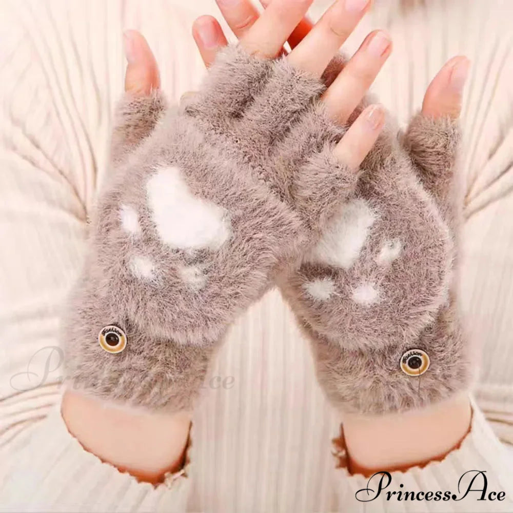 Fluffy Bear Cat Paw Claw Fingerless Winter Gloves - Korean Style Gift for Christmas
