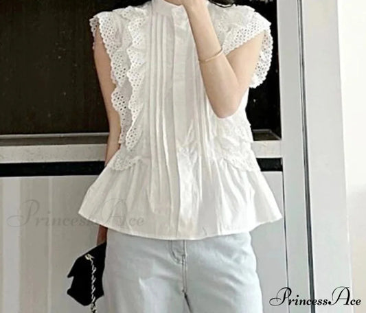 Fluttering Sleeve Frilled Lace Button Retro Blouse blouse-250126