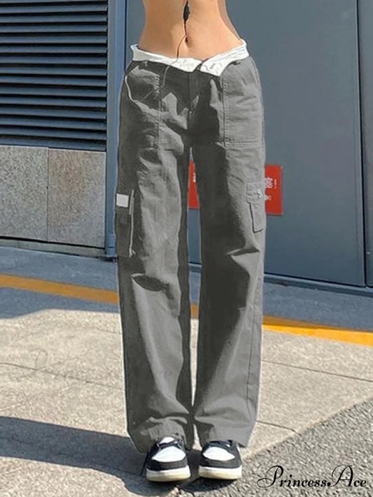 Fold Over Buckle Trendy Belt Denim Mini Skirt Grey / S