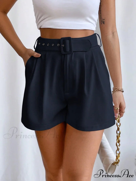 Fold Pleated Belted Wide Leg Shorts Navy Blue / XS