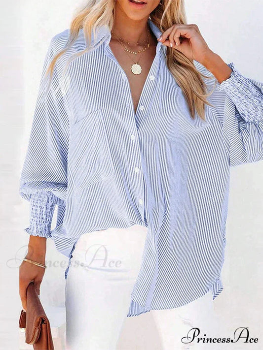 Folded Collar Neck Lantern Sleeve Blouse Blue / S blouse-250126