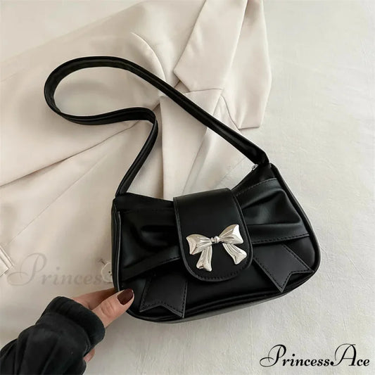 Folded Korean Bow Shoulder Bag for Women Black shoulder-250126