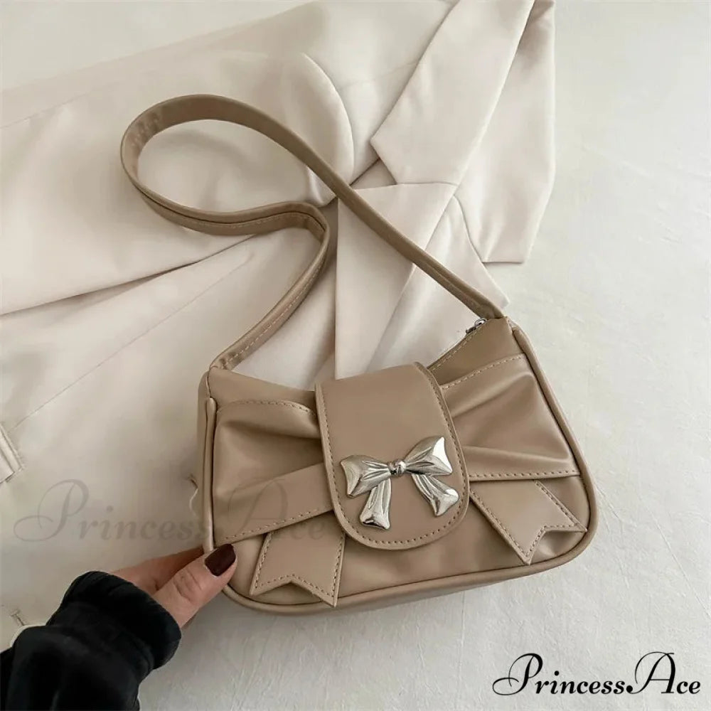 Folded Korean Bow Shoulder Bag for Women Khaki shoulder-250126