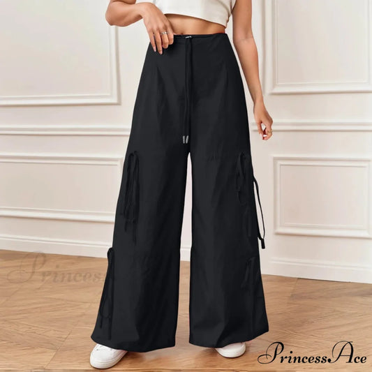 Folded Wide Leg Athletic Bow Tie Trousers Black / S pants-241228