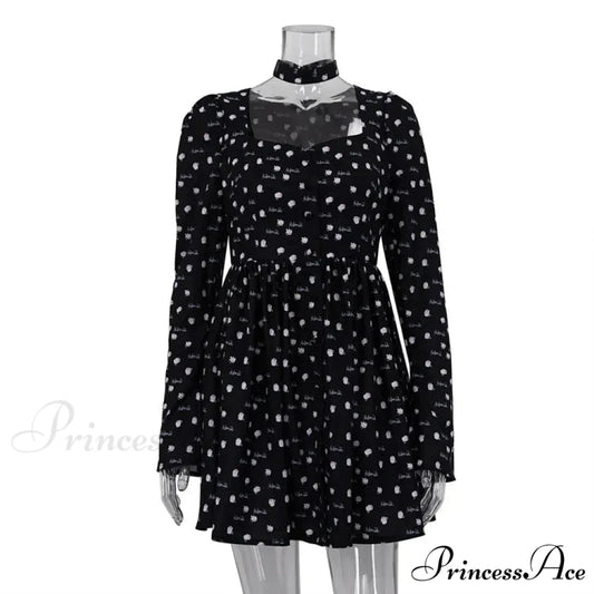 Folds Print 2024 Summer Casual Long Sleeve France Retro Femme Street Elegant Female Floral Dress Black / S
