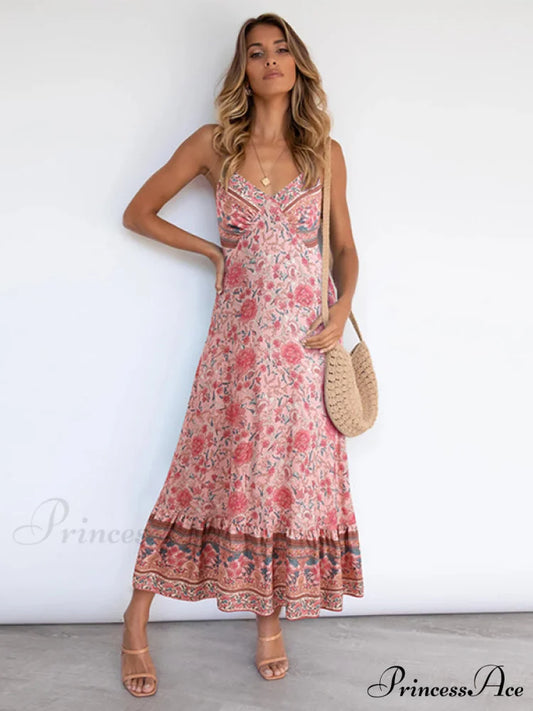 for Suspender Gown Flowered Bohemian Women Pink / S