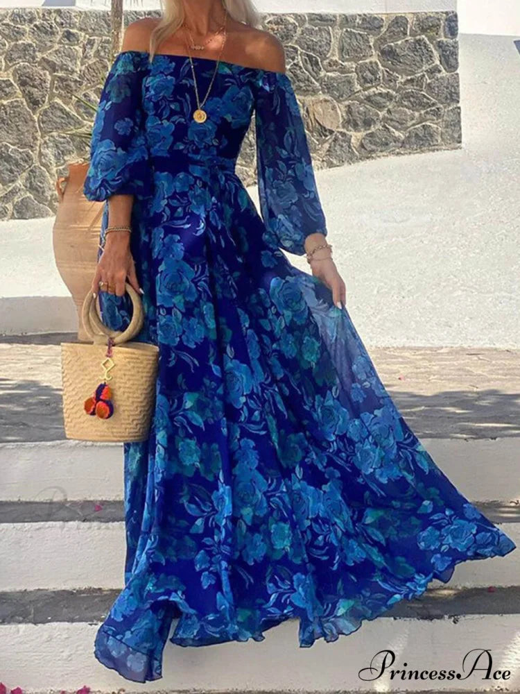 Foral Off Shoulder Back Graceful Smocked Vacation Maxi Dress Blue / S