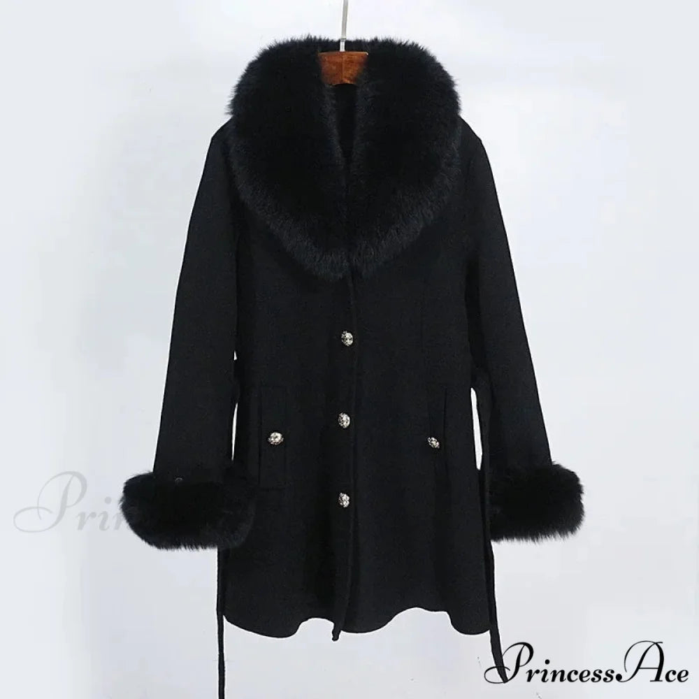 Fox Fur Detachable Wool Coat Black / S