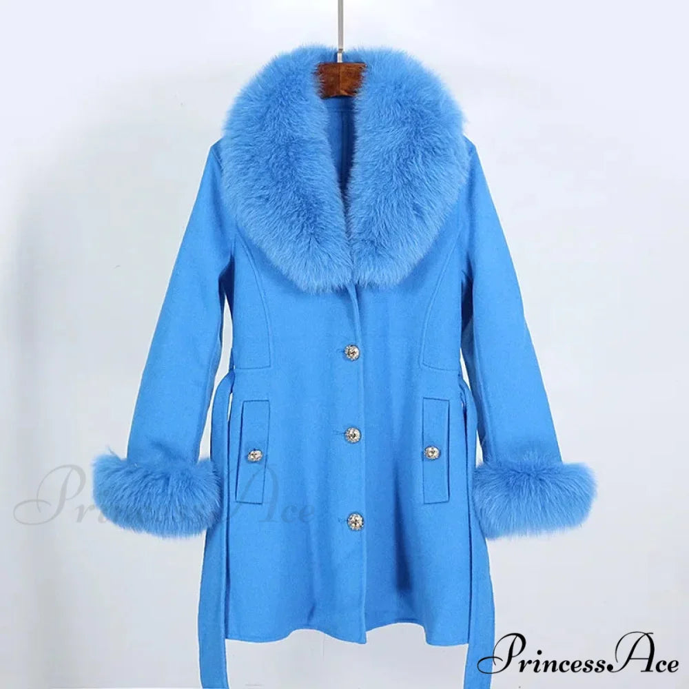 Fox Fur Detachable Wool Coat Blue / S