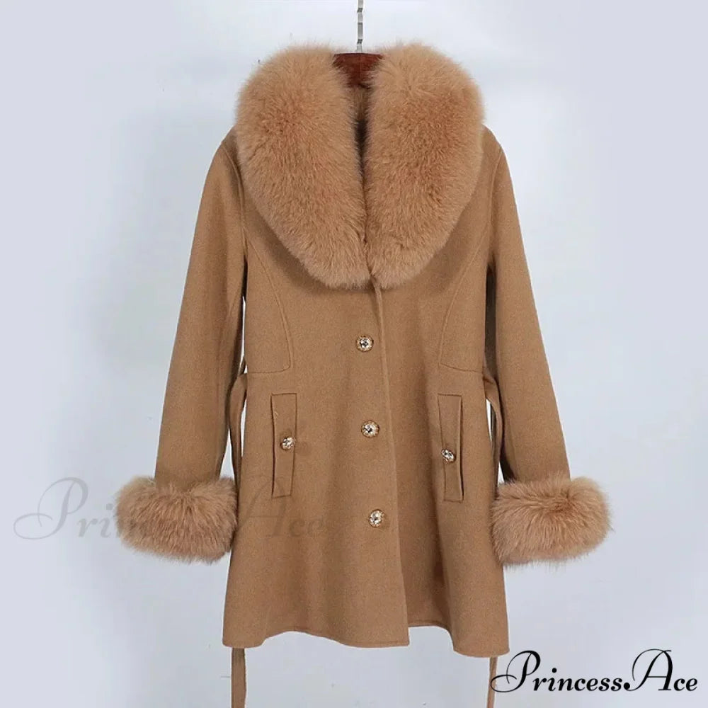 Fox Fur Detachable Wool Coat camel / S