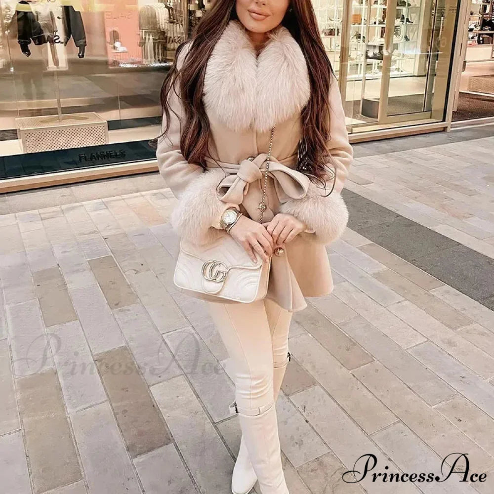 Fox Fur Detachable Wool Coat khaki / S