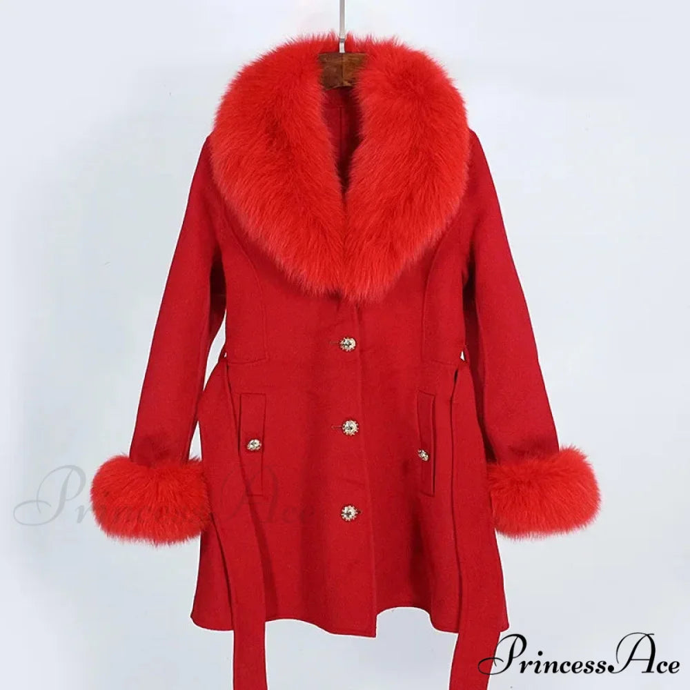 Fox Fur Detachable Wool Coat Red / S