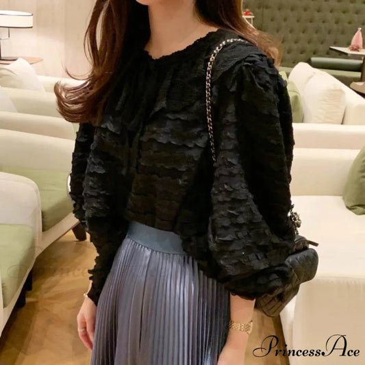 French Fashion Lace Up Baggy Top Black / One Size blouse-250223