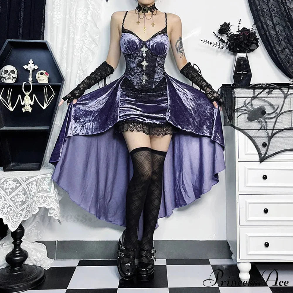 French Fashion Purple Slim Sling Trailing Gothic Dark High Waist Irregular Fairy Grunge Dress PURPLE / S