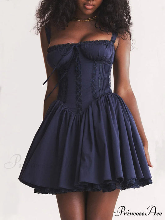 French Navy Stylish Corset Mini Dress Navy Blue / S