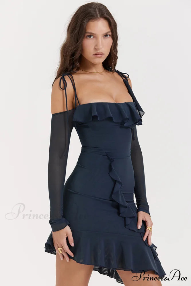 French Navy Stylish Ruffle Mini Dress