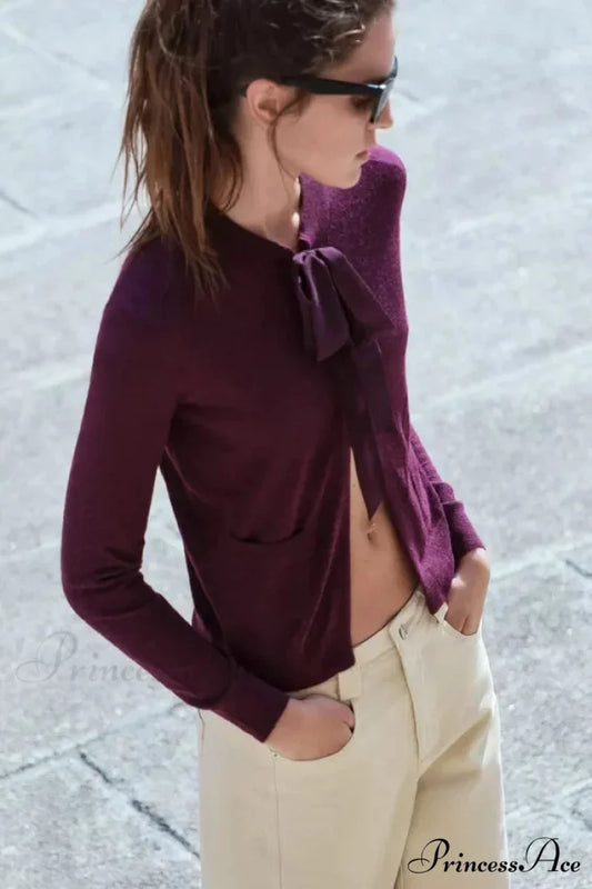 French Style Bow Wool Blended Cardigan PURPLE / S cardigans-241228