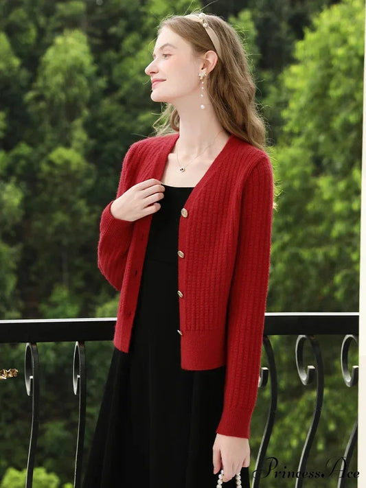French V-neck Long Sleeve Red Cardigan Red / M