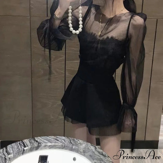 French Warm-Season Blouse Sling Retro Mujer Slimming Arm Blusas Women Mesh Sexy Top Long De Lace Shorts Elegant Set