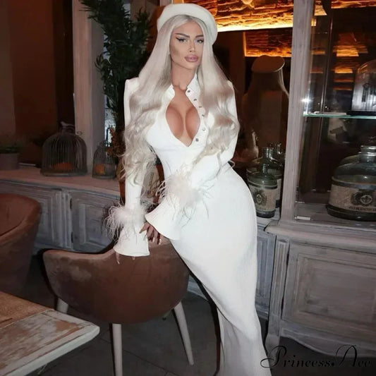 French Y2K Feather Polo Collar Party Dress