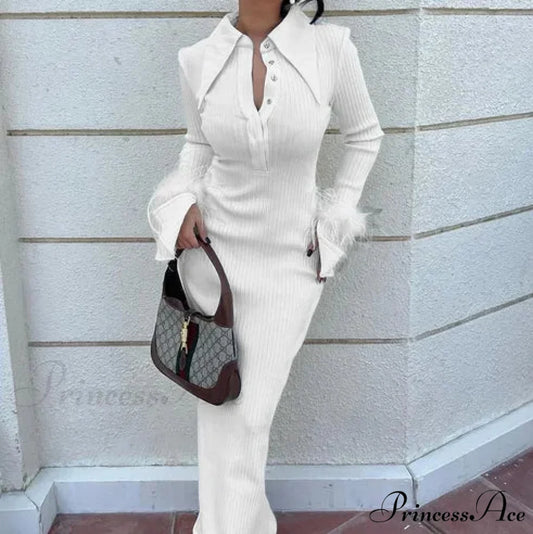 French Y2K Feather Polo Collar Party Dress White / S