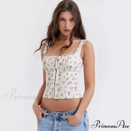 Fresh Tie Front Square Neck Frill Sophisticated Bustier Floral Printed Tank Top - Blue S / Pink