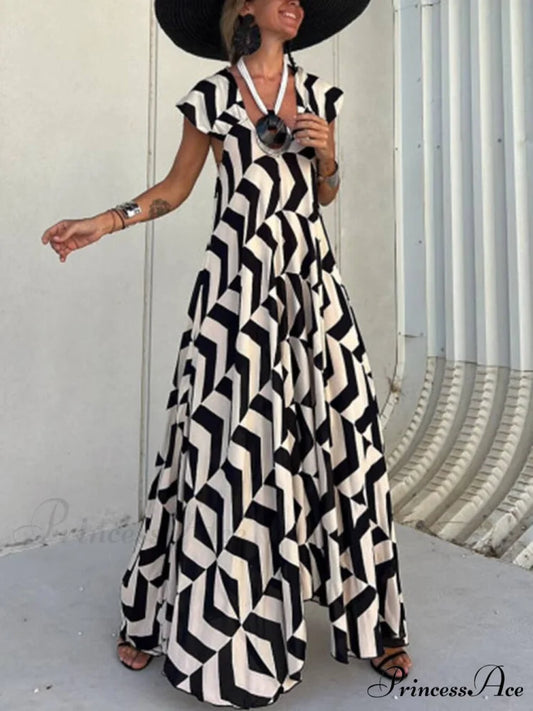Fresh Unique Ethnic Print Graceful Ruffle Sleeve A-line Maxi Dress Black / S