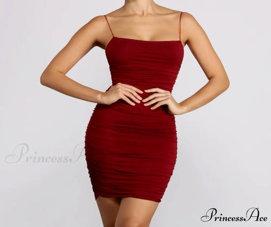 Friday Night Stylish Ruched Midi Dress BURGUNDY / XS