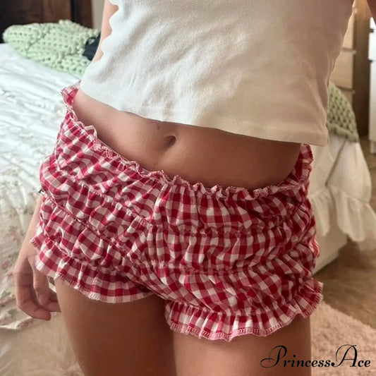 Frilled Checked Stretchy Waist Short red / S short-250223